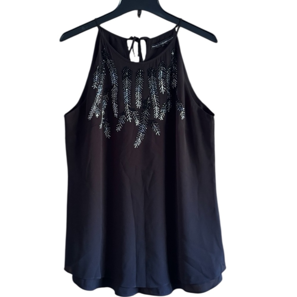White House Black Market Feather Embellished Black Halter Top